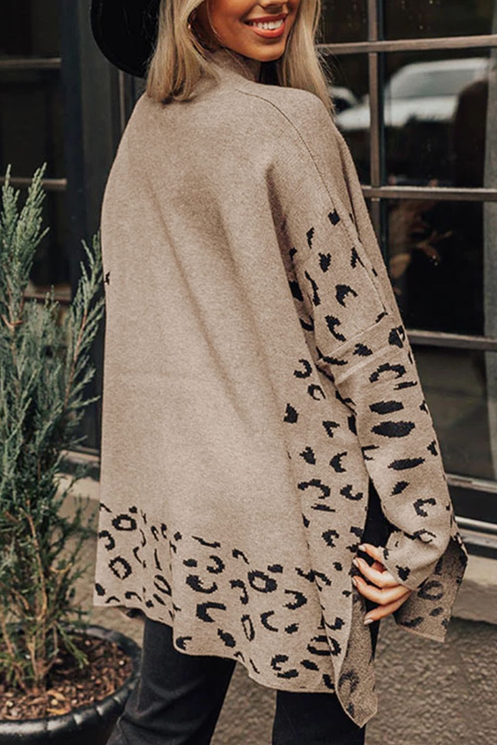 Slit Leopard Mock Neck Dropped Shoulder Sweater-Angel Casuals