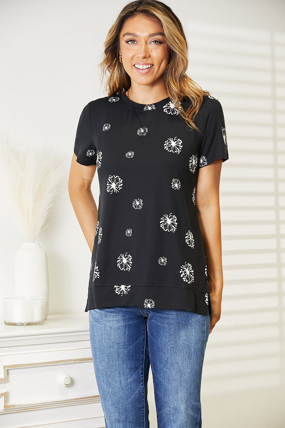 Double Take Dandelion Print Round Neck T-Shirt-Angel Casuals