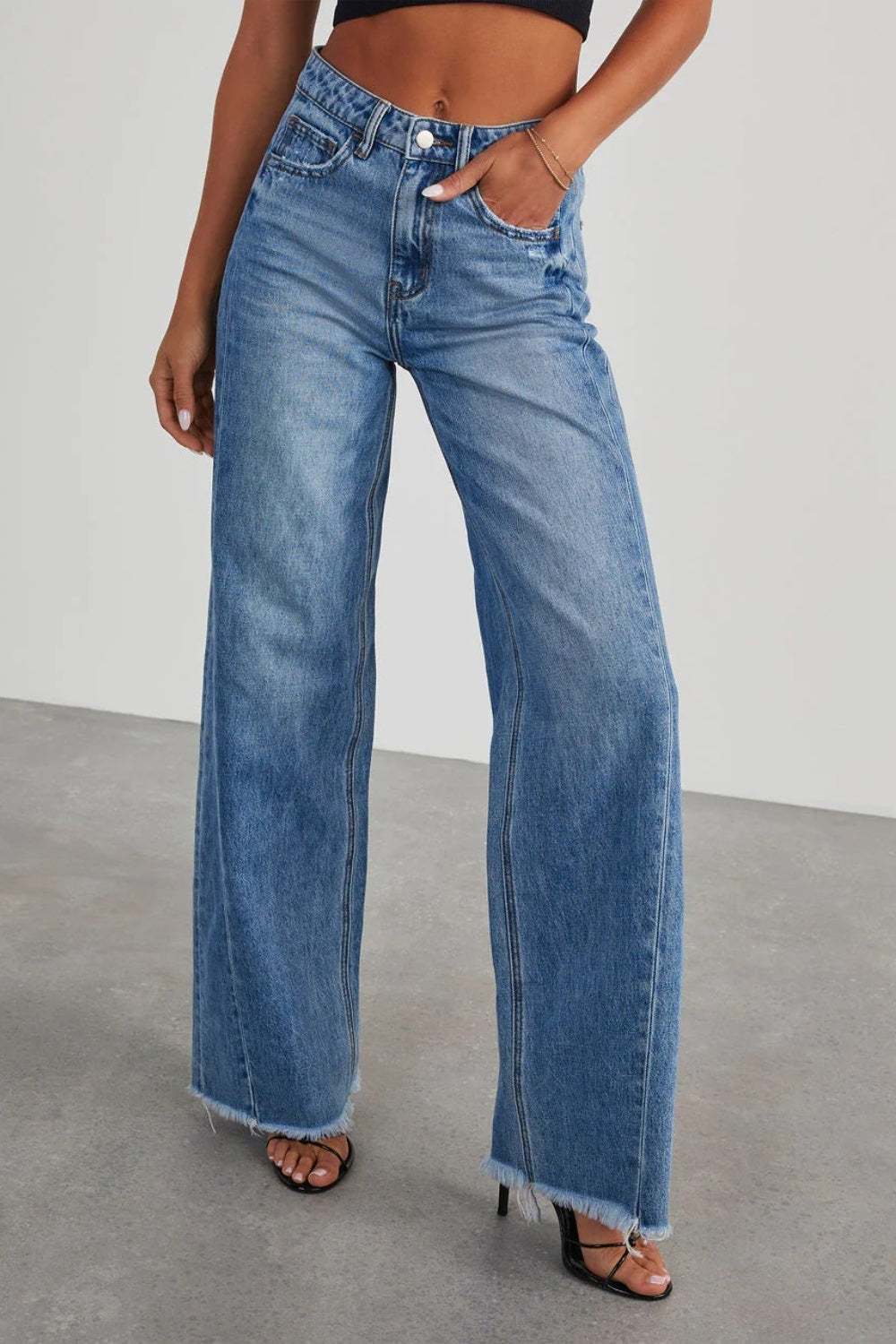 Raw Hem Wide Leg Jeans with Pockets-Angel Casuals