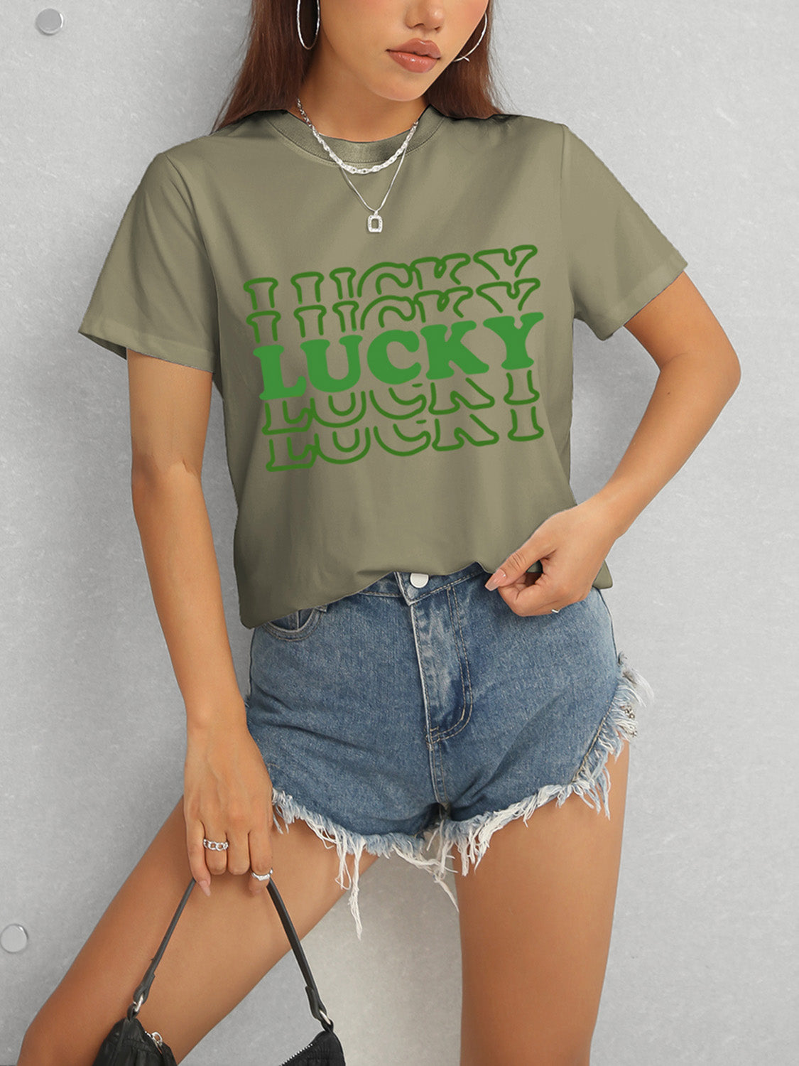 LUCKY Round Neck Short Sleeve T-Shirt-Angel Casuals