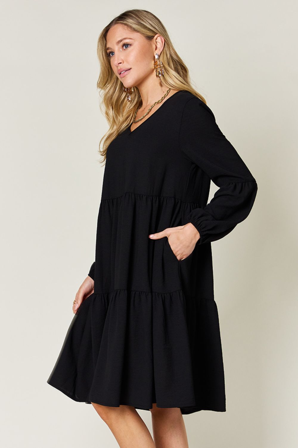 Double Take Full Size V-Neck Balloon Sleeve Tiered Dress-Angel Casuals