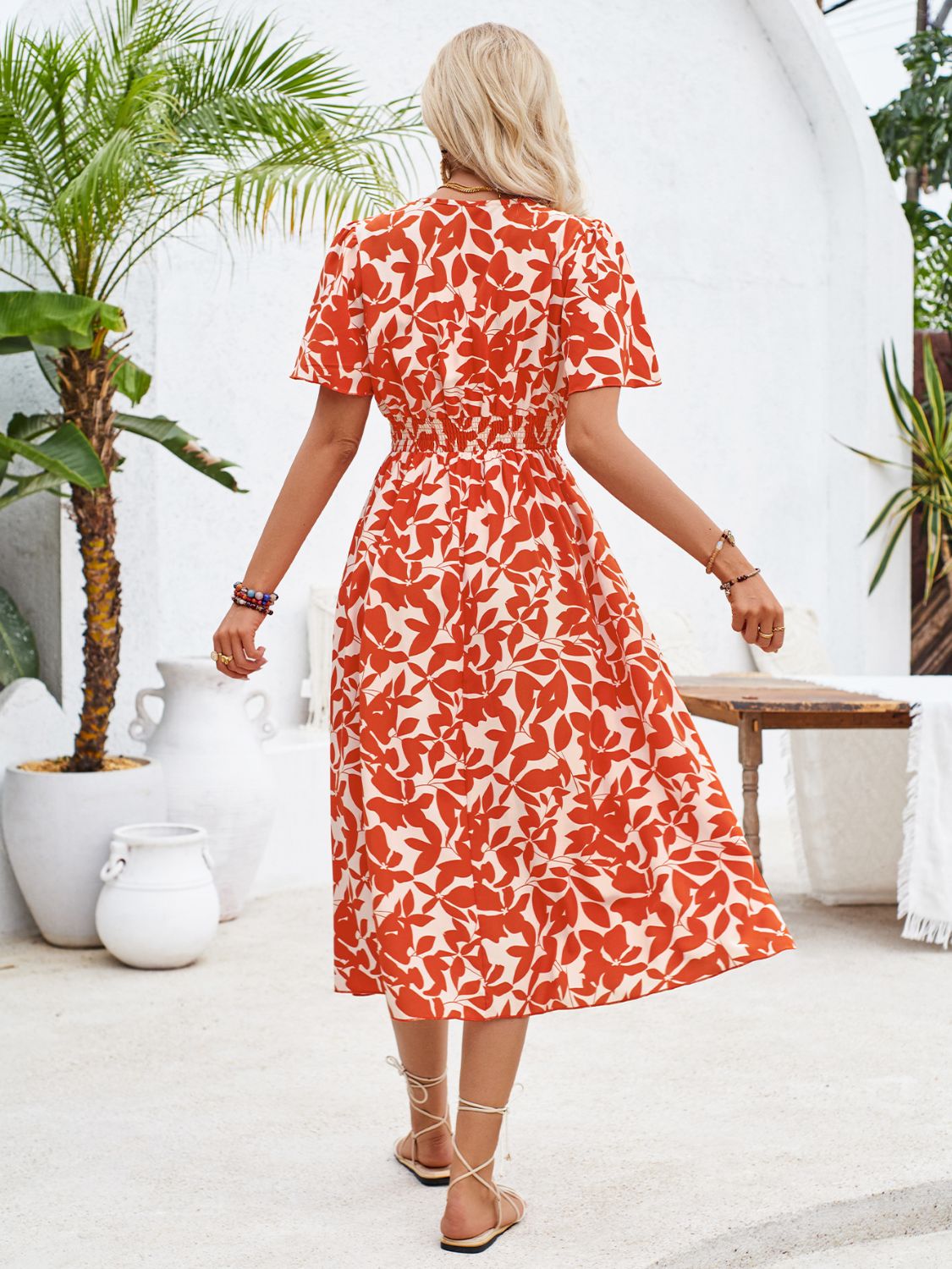 Printed Surplice Short Sleeve Midi Dress-Angel Casuals