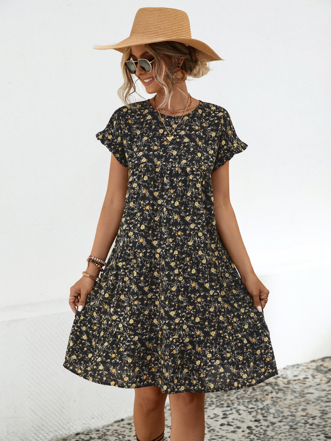 Frill Floral Round Neck Short Sleeve Tiered Dress-Angel Casuals