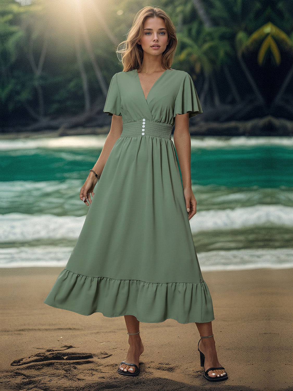 Surplice Flutter Sleeve Midi Dress-Angel Casuals