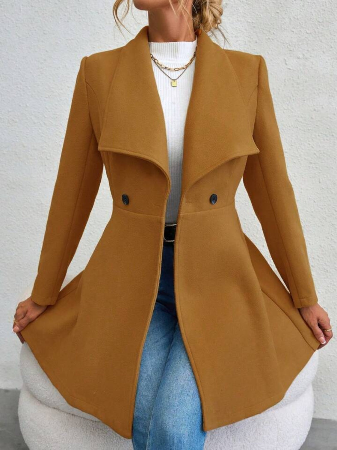 Collared Neck Button Up Long Sleeve Coat-Angel Casuals