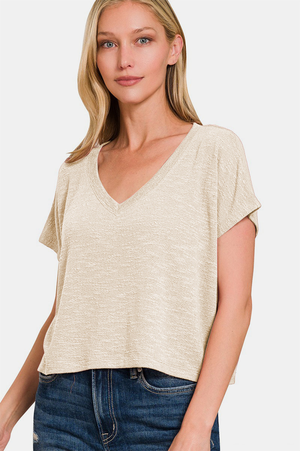 Zenana V-Neck Short Sleeve Crop T-Shirt-Angel Casuals