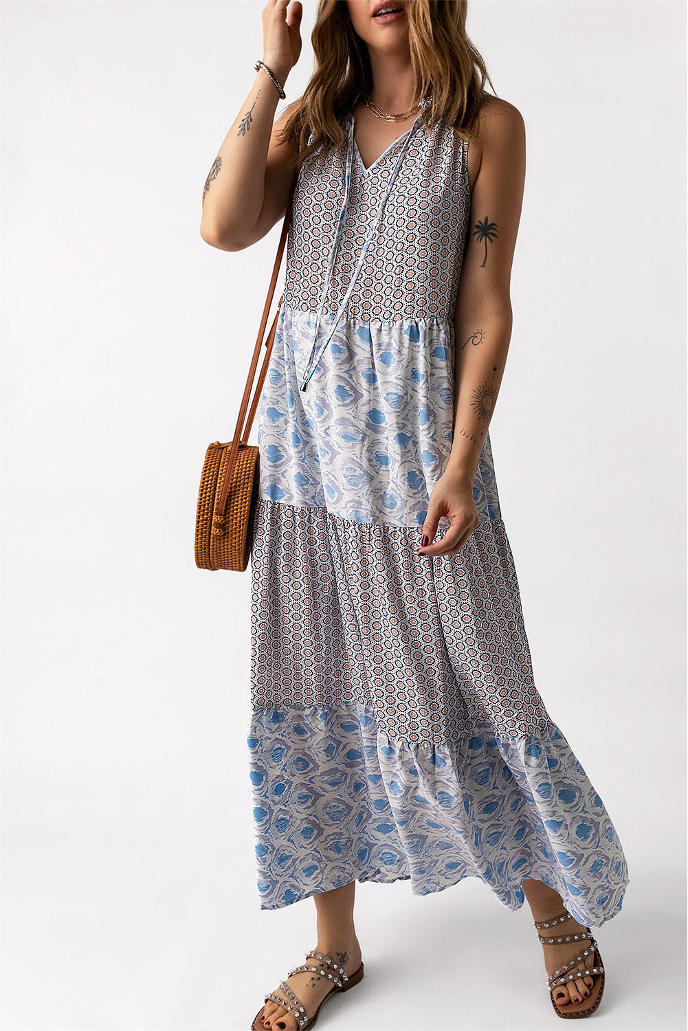 Mixed Print Tie-Neck Sleeveless Maxi Dress-Angel Casuals