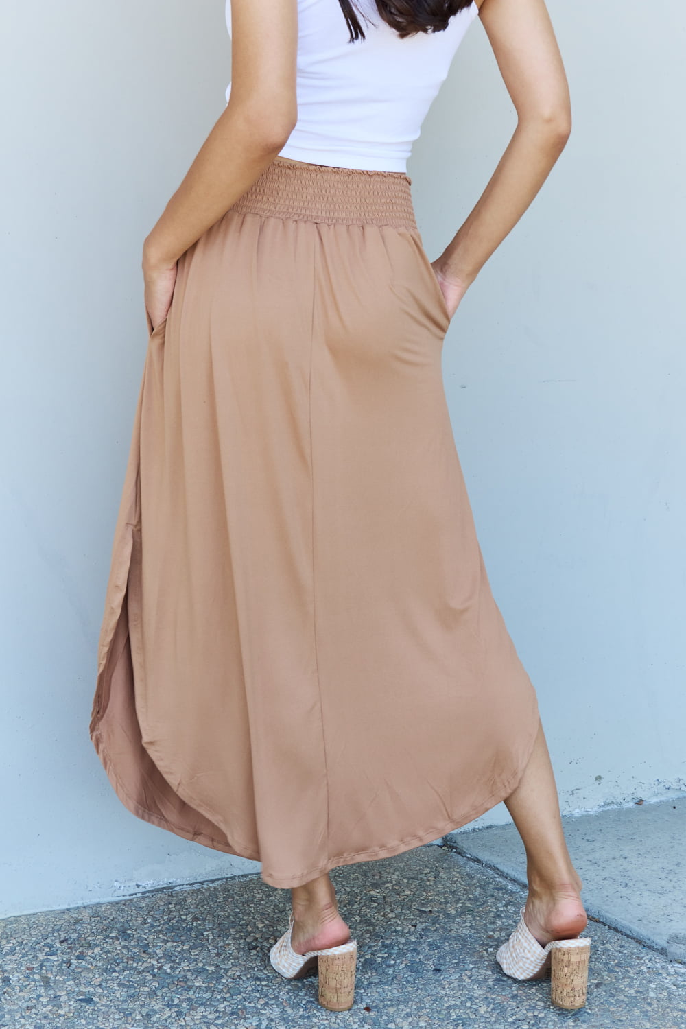 Doublju Comfort Princess Full Size High Waist Scoop Hem Maxi Skirt in Tan-Angel Casuals