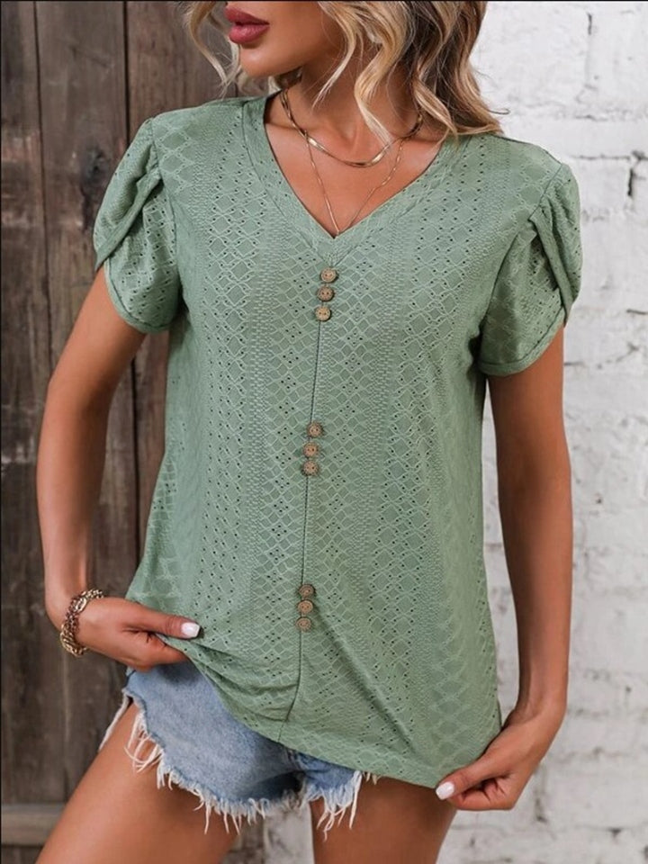 Eyelet V-Neck Petal Sleeve T-Shirt-Angel Casuals