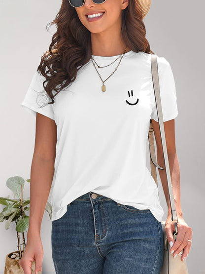 Smile Graphic Round Neck Short Sleeve T-Shirt-Angel Casuals