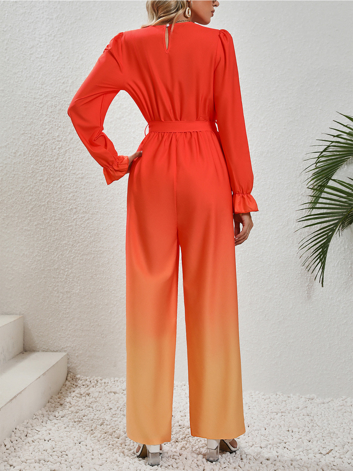 Gradient Tie Front Flounce Sleeve Jumpsuit-Angel Casuals