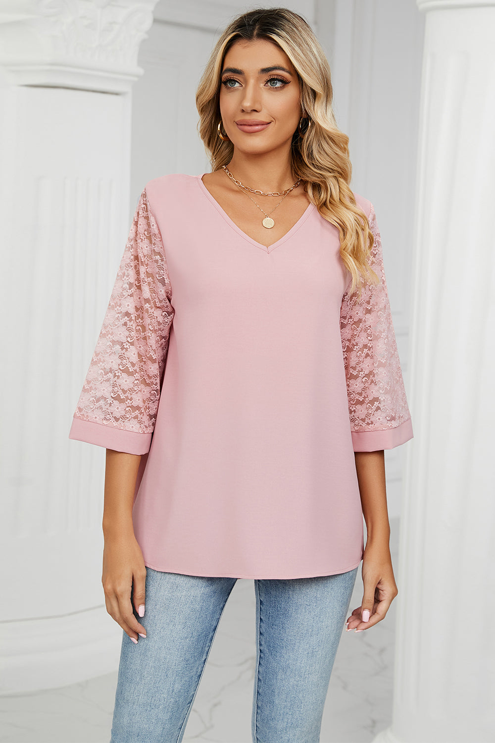 V-Neck Three-Quarter Sleeve Top-Angel Casuals