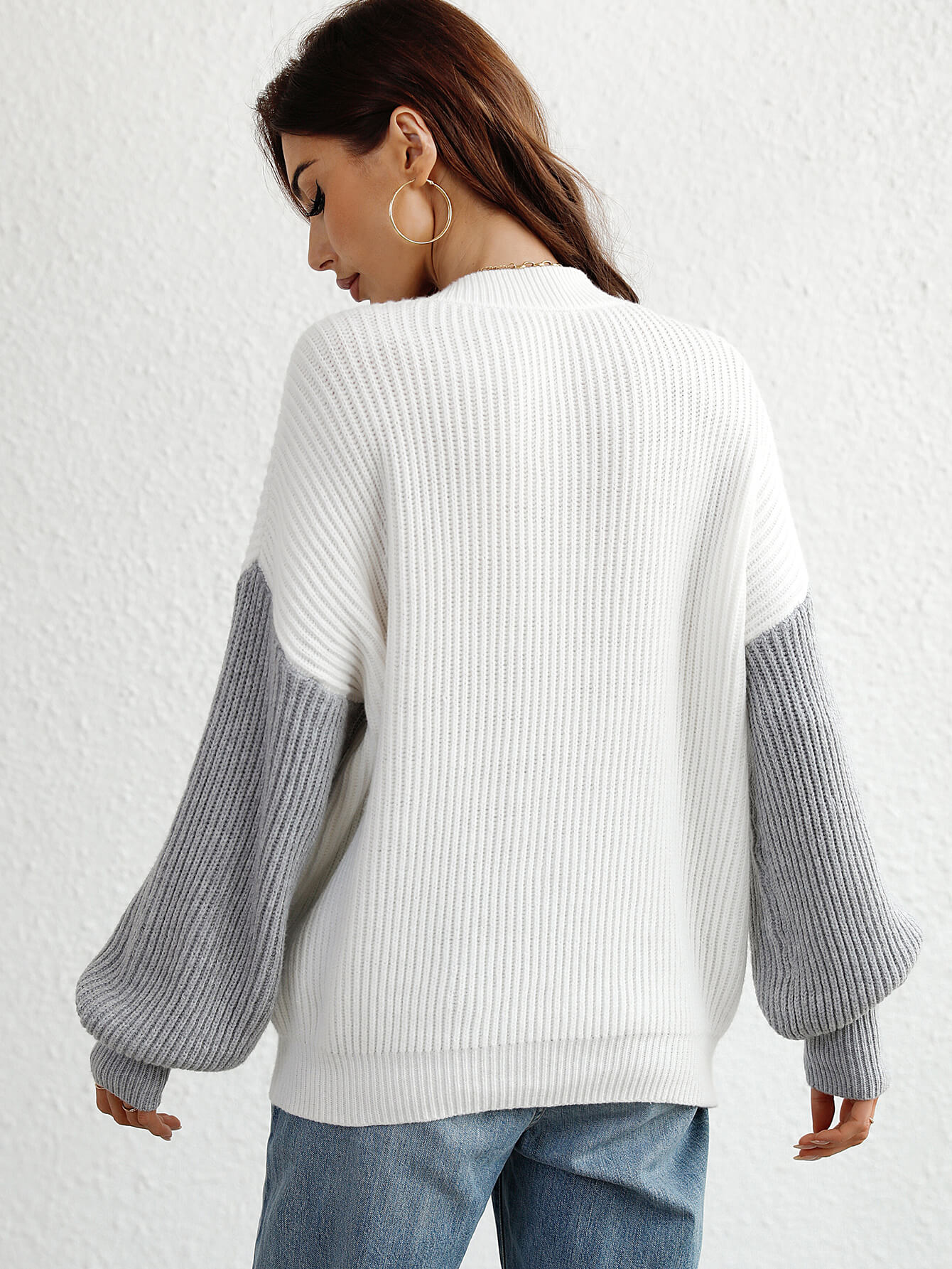 Two-Tone Rib-Knit Dropped Shoulder Sweater-Angel Casuals