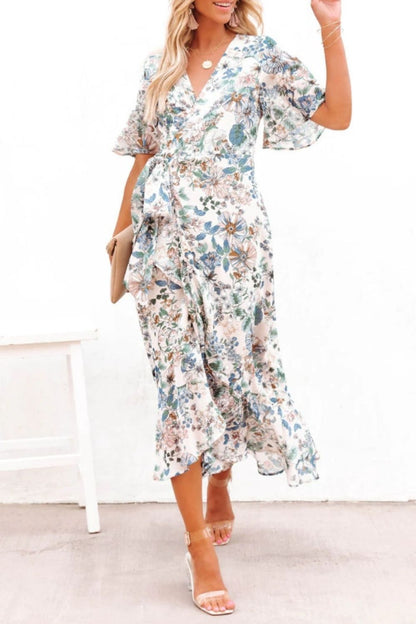 High-Low Printed Surplice Flutter Sleeve Midi Dress-Angel Casuals