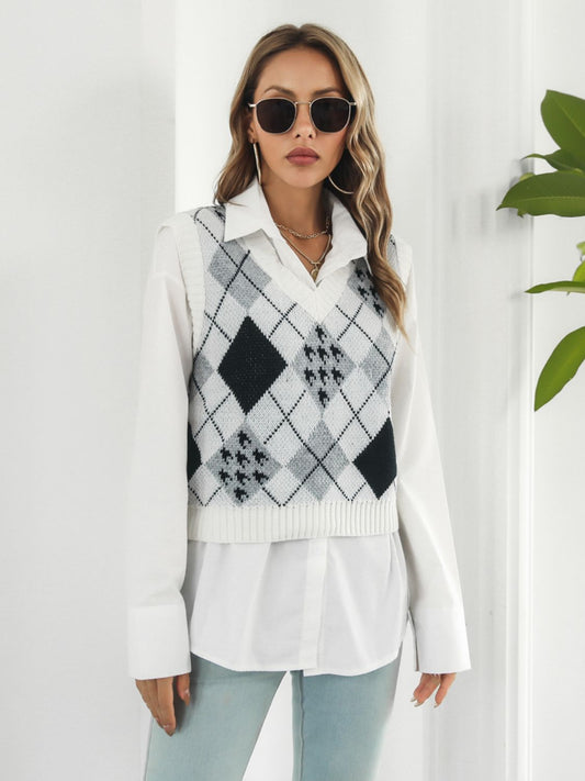 V-Neck Plaid Sweater Vest-Angel Casuals