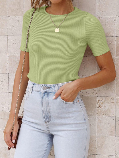 Mandy Ribbed Round Neck Short Sleeve Knit Top-Angel Casuals