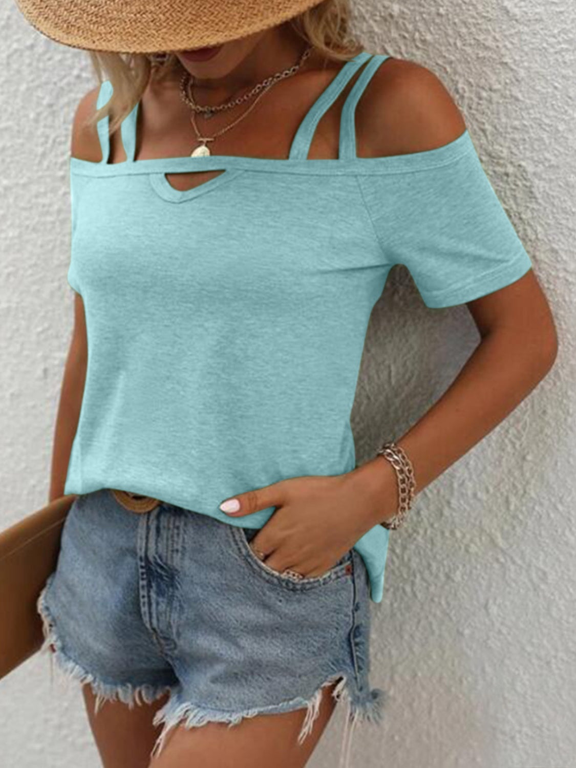 Double Spaghetti Straps Short Sleeve T-Shirt-Angel Casuals