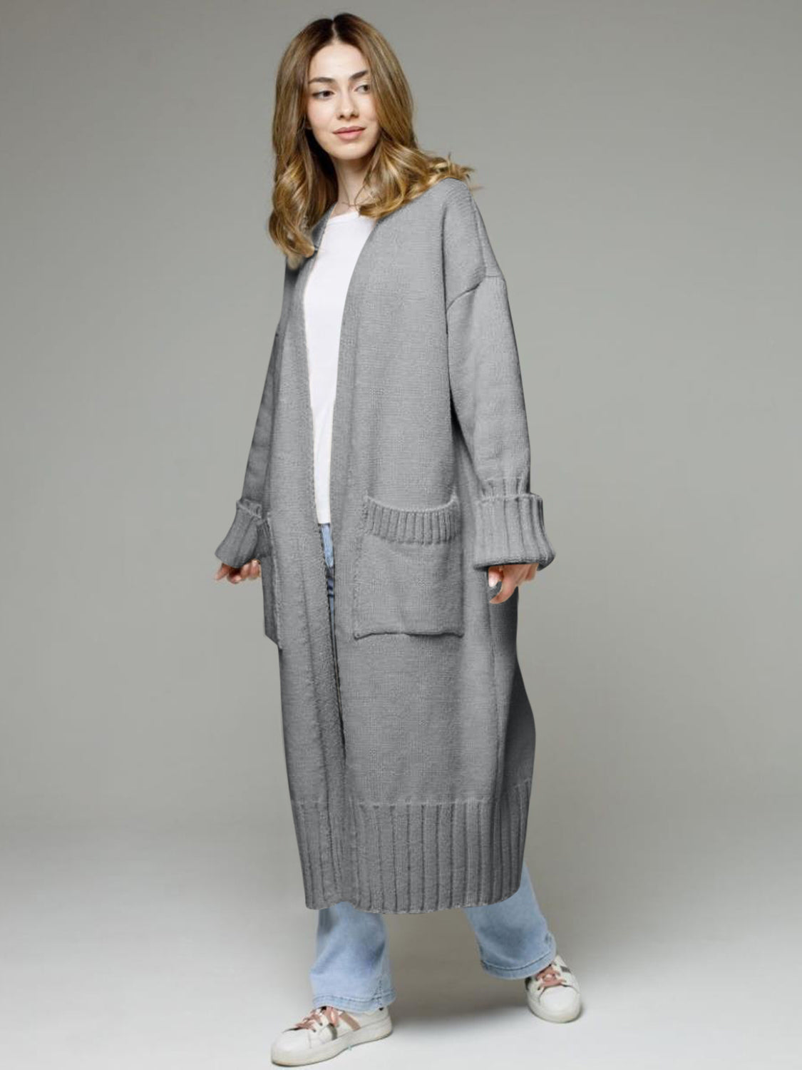 Pocketed Open Front Dropped Shoulder Cardigan-Angel Casuals