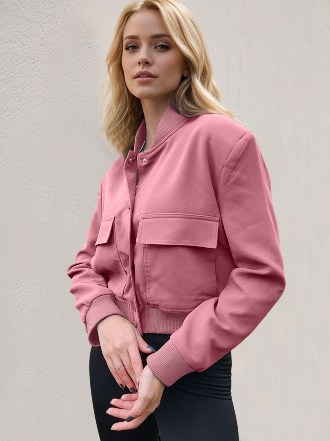 Pocketed Snap Down Baseball Collar Jacket-Angel Casuals