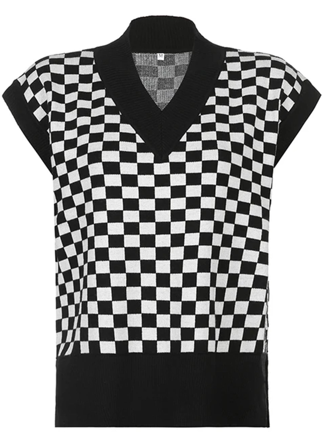 Full Size Checkered V-Neck Cap Sleeve Sweater-Angel Casuals