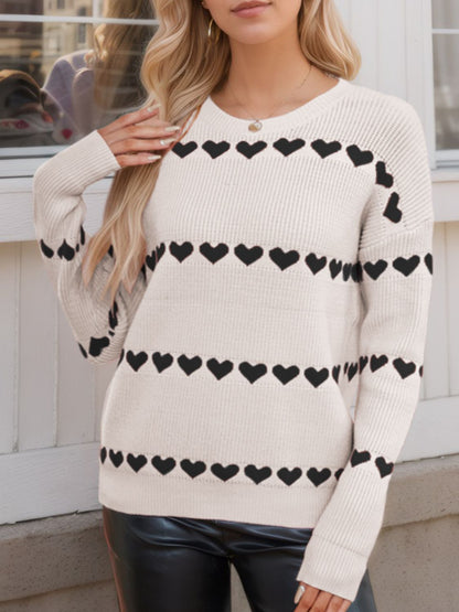 Heart Round Neck Long Sleeve Sweater-Angel Casuals
