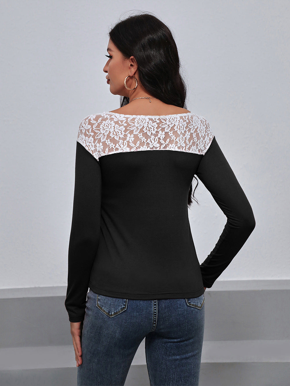 Lace Trim Long Sleeve Round Neck Tee-Angel Casuals