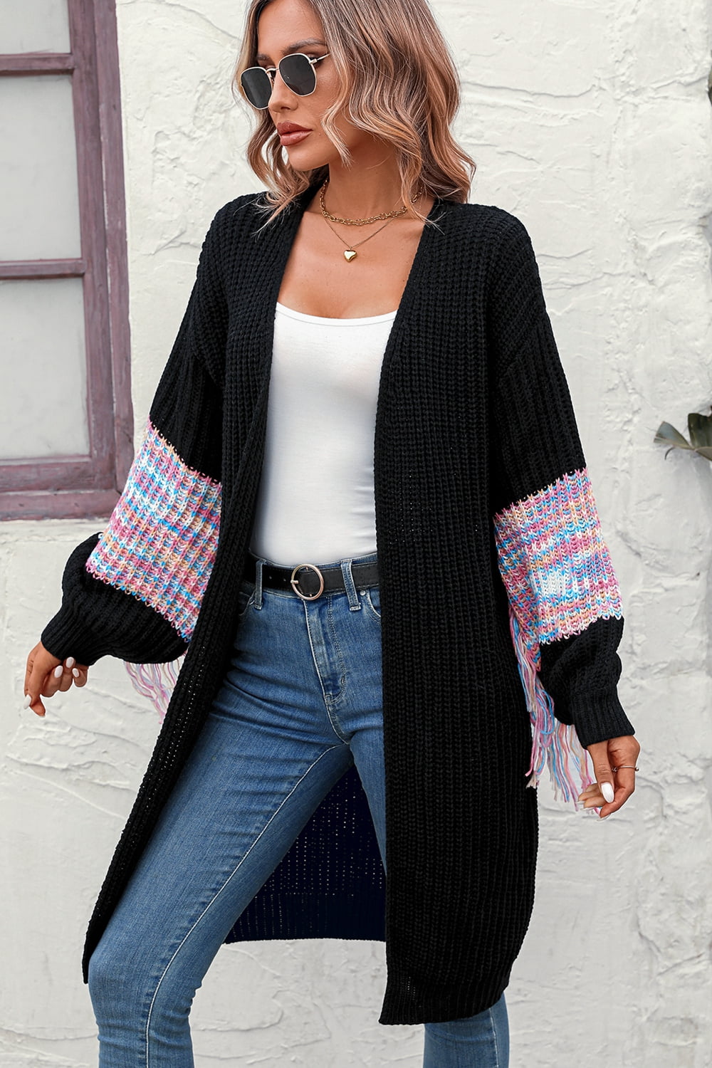 Fringe Sleeve Dropped Shoulder Cardigan-Angel Casuals