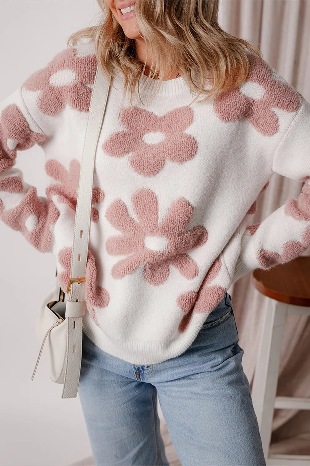 Flower Round Neck Long Sleeve Knit Top-Angel Casuals