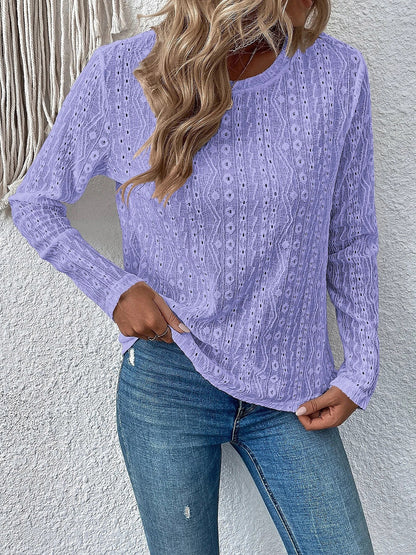 Eyelet Round Neck Long Sleeve Top-Angel Casuals