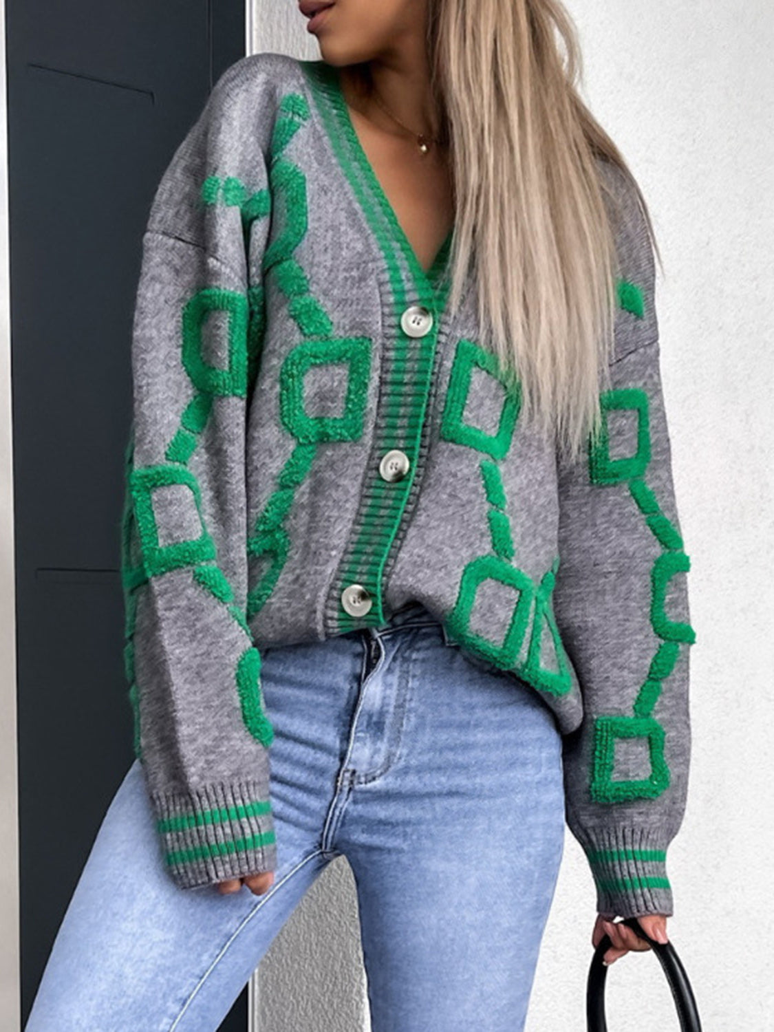 Geometric Dropped Shoulder Button Down Cardigan-Angel Casuals