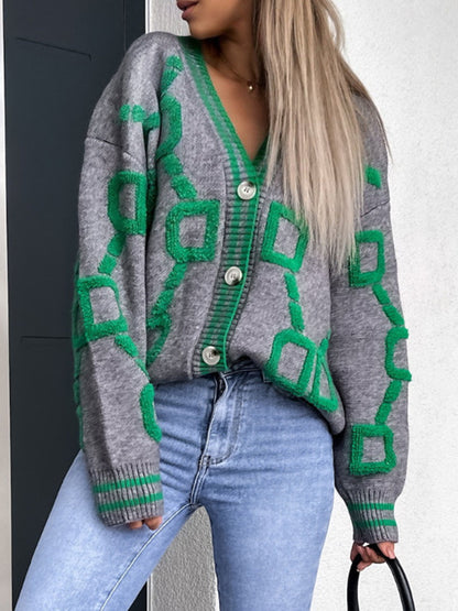 Geometric Dropped Shoulder Button Down Cardigan-Angel Casuals
