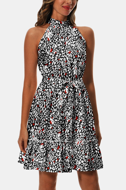 Printed Tie Waist Frill Trim Dress-Angel Casuals