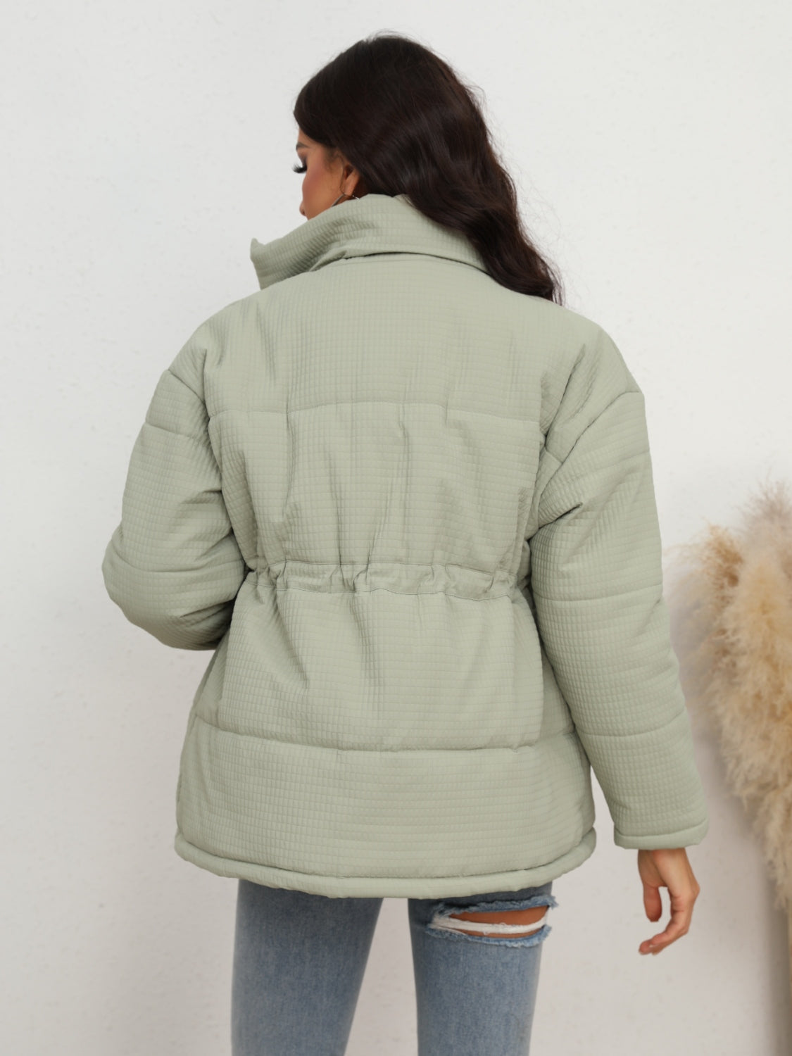 Drawstring Waist Zip-Up Puffer Jacket-Angel Casuals