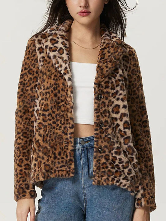 Fuzzy Leopard Collared Neck Jacket-Angel Casuals