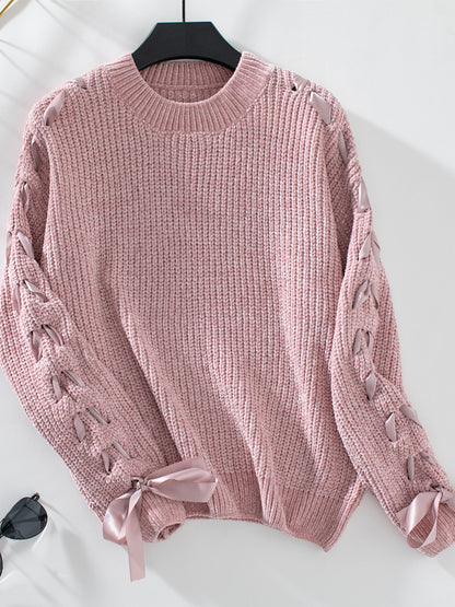 Lace Up Round Neck Long Sleeve Sweater-Angel Casuals