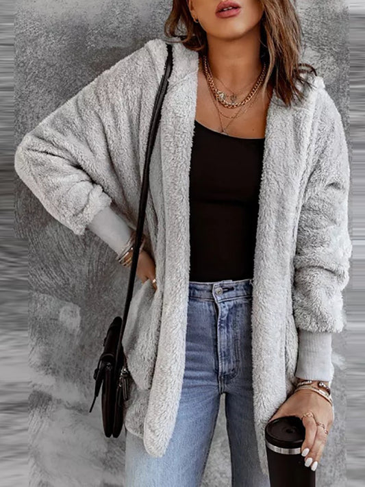 Open Front Hooded Faux Fur Outwear with Pockets-Angel Casuals
