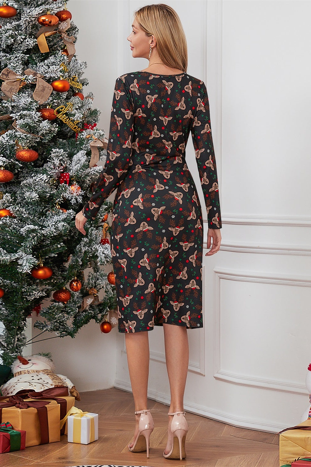 Christmas Element Print Long Sleeve Dress-Angel Casuals