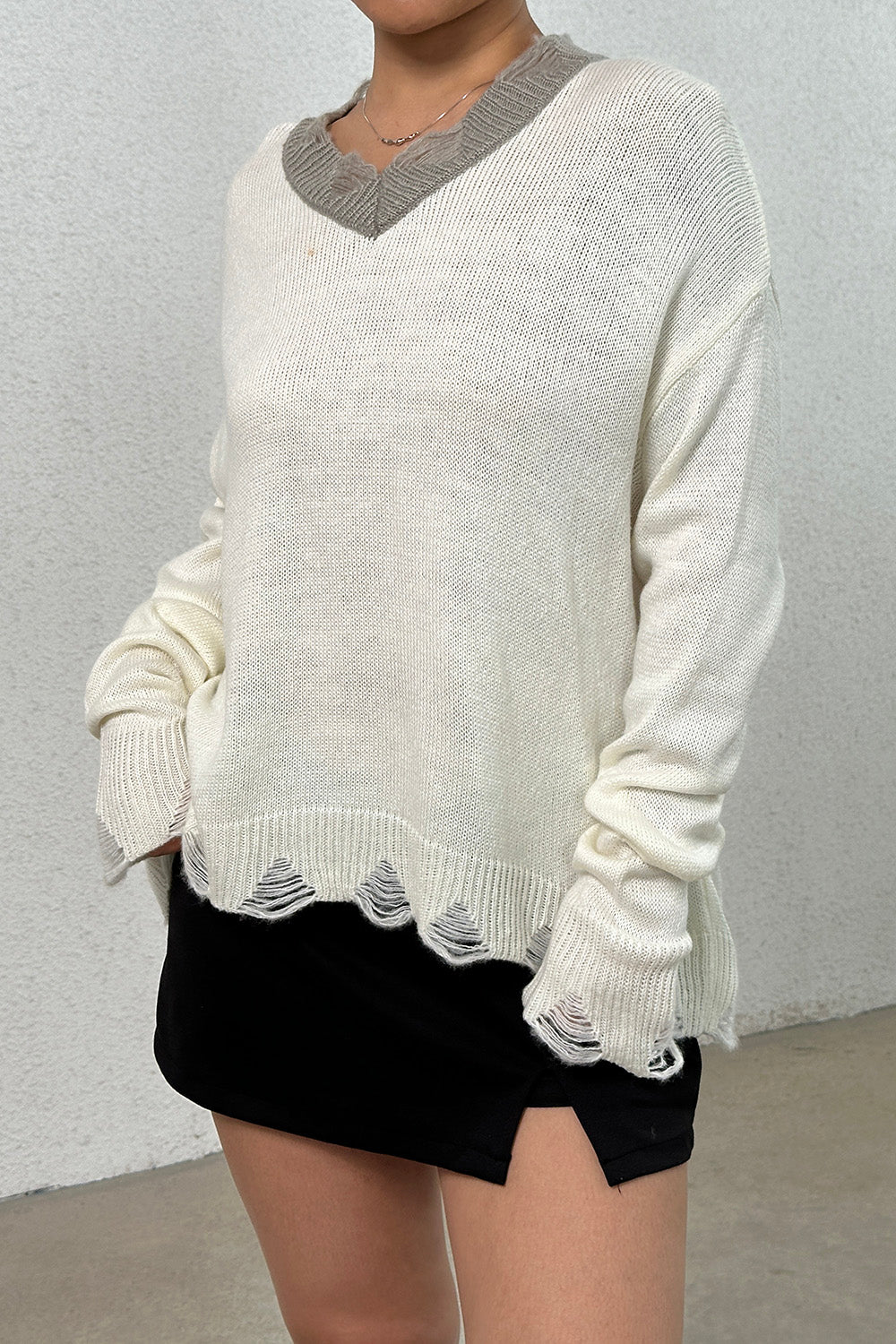 Distressed V-Neck Dropped Shoulder Sweater-Angel Casuals