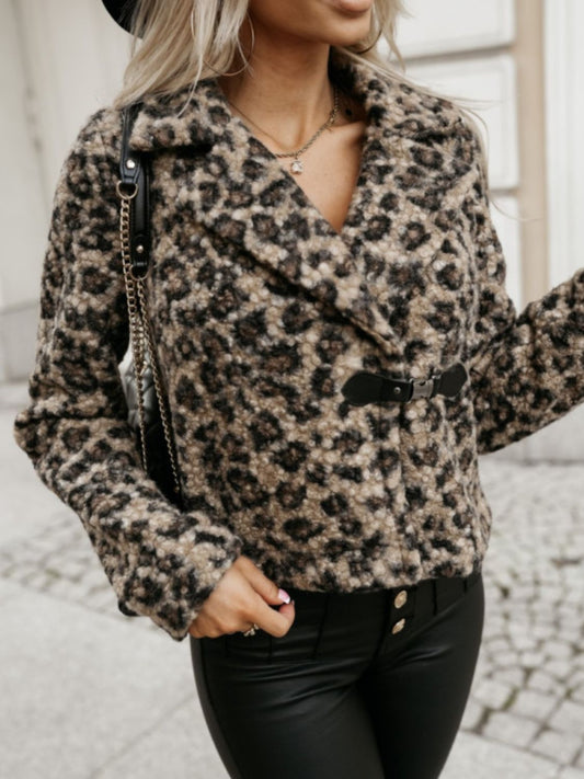 Fuzzy Animal Print Collared Neck Coat-Angel Casuals