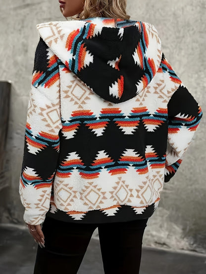 Geometric Zip Up Hooded Sherpa Jacket-Angel Casuals