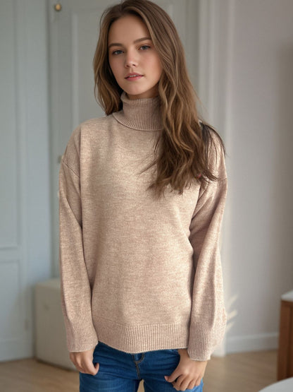 Turtleneck Dropped Shoulder Long Sleeve Sweater-Angel Casuals