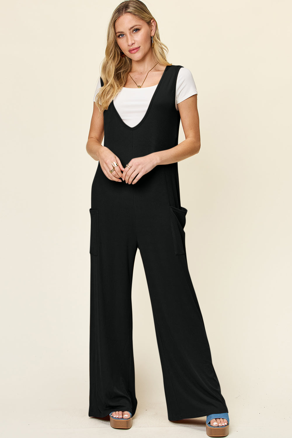 Double Take Full Size Sleeveless Wide Leg Jumpsuit with Pockets-Angel Casuals