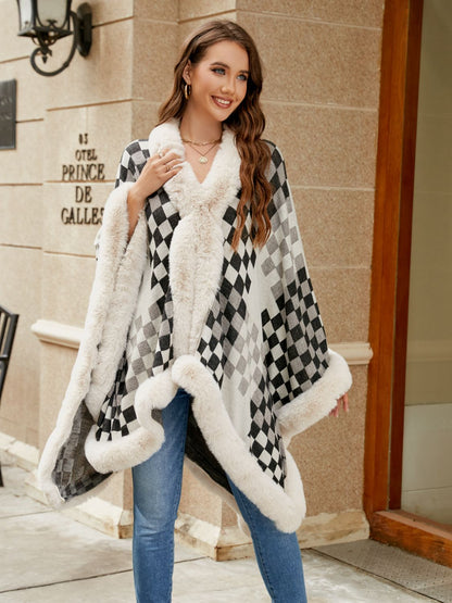 Checkered Faux Fur Trim Poncho-Angel Casuals