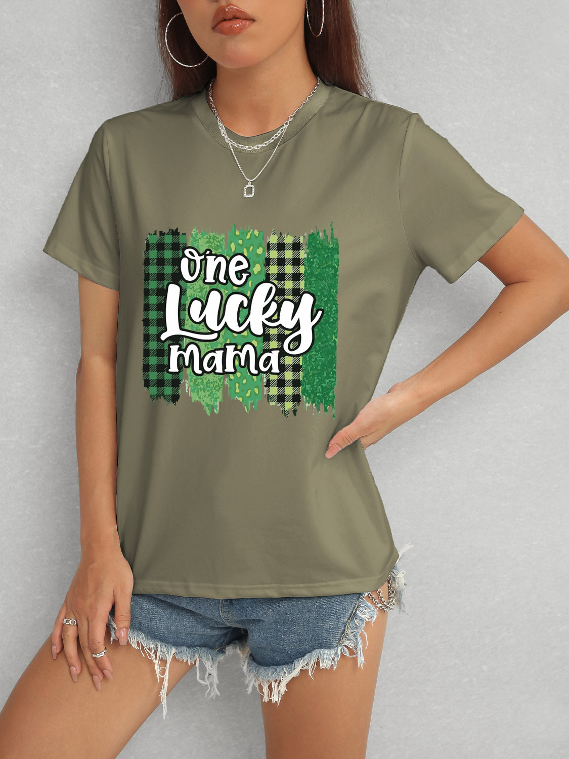 ONE LUCKY MAMA Round Neck T-Shirt-Angel Casuals
