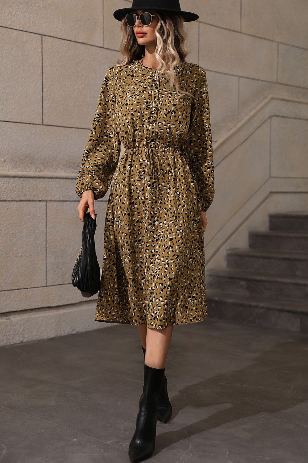 Printed Long Sleeve Midi Dress-Angel Casuals