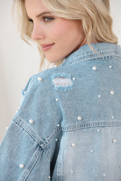 Distressed Pearl Trim Button Up Denim Jacket-Angel Casuals