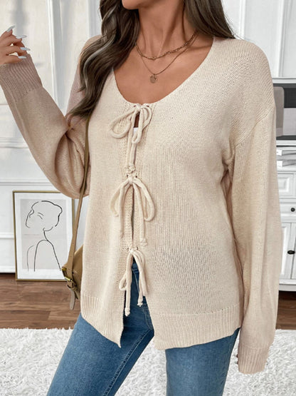 Perfee Tied Round Neck Long Sleeve Cardigan-Angel Casuals