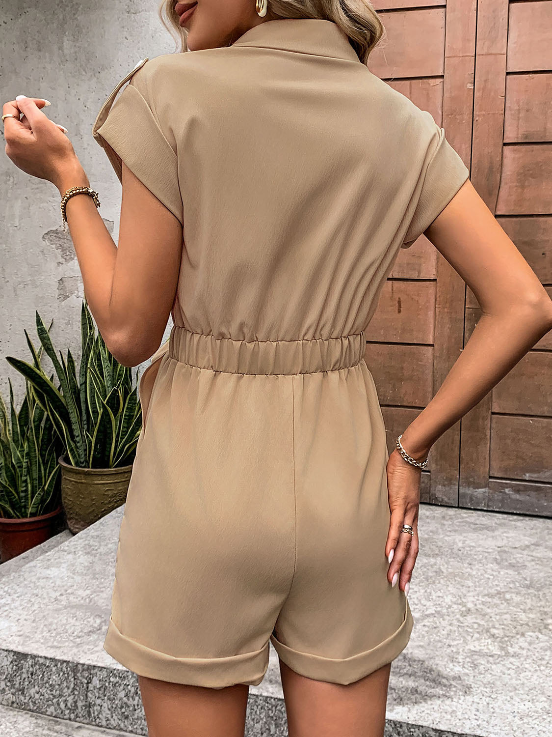 Collared Neck Tie Waist Romper with Pockets-Angel Casuals