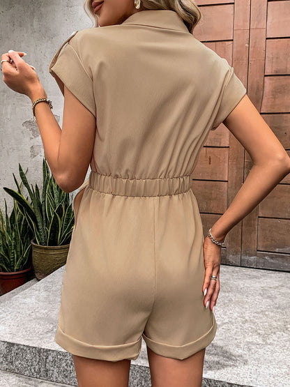 Collared Neck Tie Waist Romper with Pockets-Angel Casuals