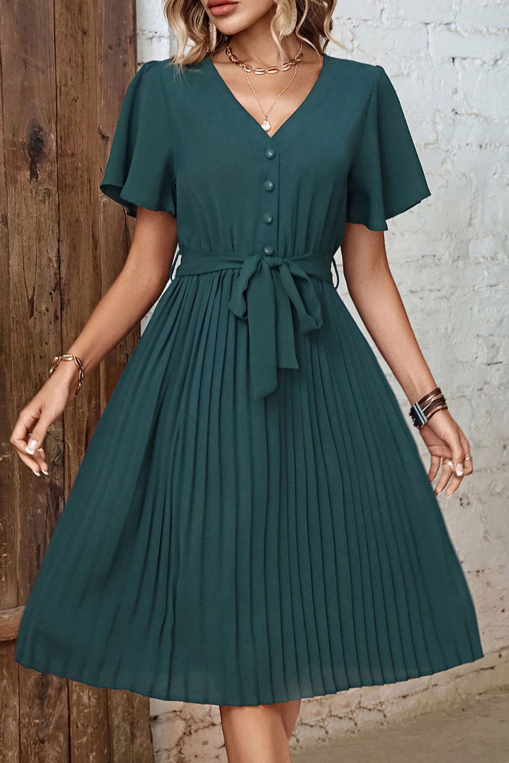 Buttoned V-Neck Flutter Sleeve Pleated Dress-Angel Casuals